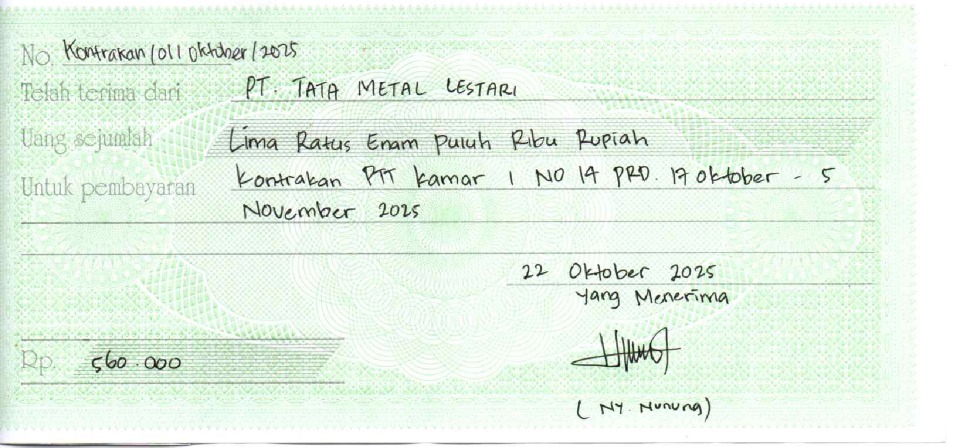 TML - Penyediaan Kontrakan Tukang Kamar 1 Oleh Bu Nunung Periode  17 Oktober - 17 November 2025